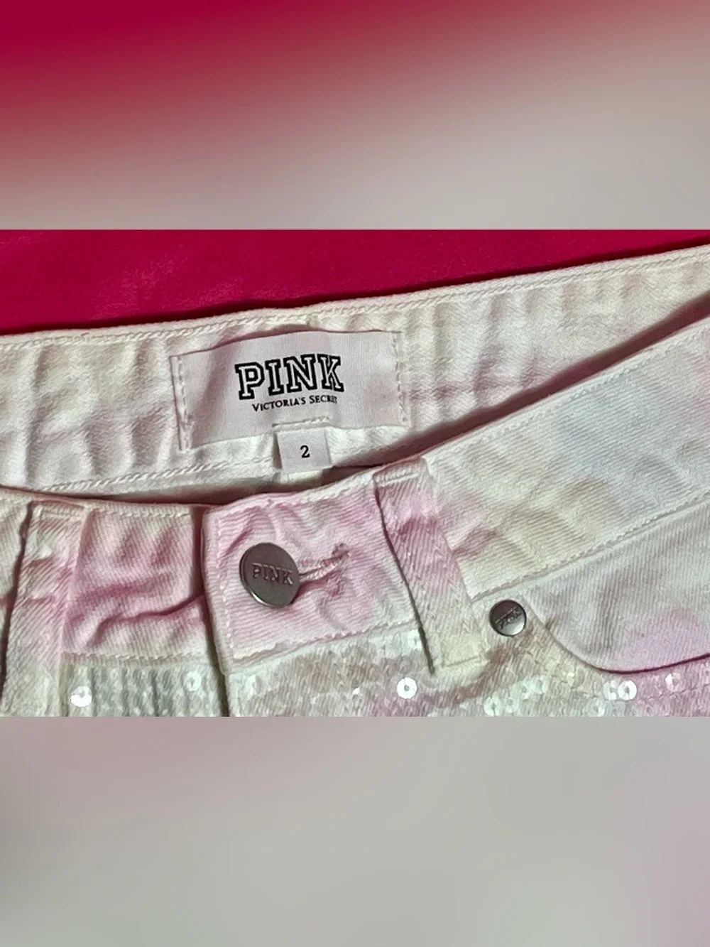 PINK Victoria's Secret White and Pink Sequin Tie-Dye Denim Shorts
